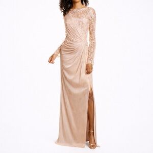 Tadashi Shoji Sequin Pintuck Lace Evening Gown/Champagne/ Size S NWT